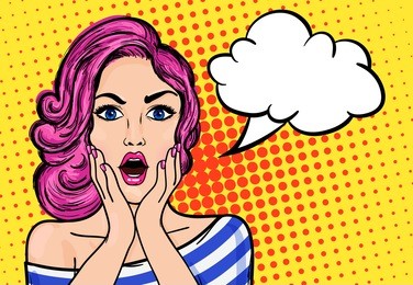 pop art surprised woman with open mouth on a yellow vintage background. vector illustration with bubble for text. eps 10