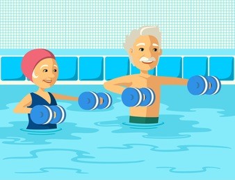 mature people doing aqua aerobics with foam dumbbell in swimming pool at the leisure center. elderly couple doing gymnastics physiotherapy in water