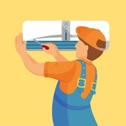air conditioner unit repair and installing concept. colorful vector flat illustration.