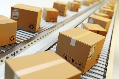 packages delivery, packaging service and parcels transportation system concept, cardboard boxes on conveyor belt in warehouse, 3d illustration