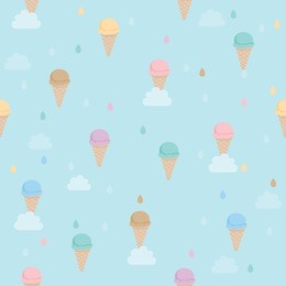 illustration vector various flavor of ice-cream cone sundae falling in the sky with cloud and syrup rain decoration into seamless pattern.