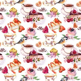 tea pattern with flowers, tea cup, cakes, bird and butterflies. food watercolor. seamless background for teatime
