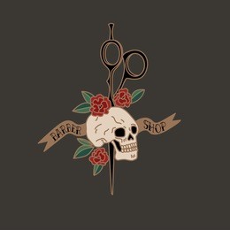 logo for barbershop, hairdresser, beauty salon. skull with scissors, roses, ribbon. vector illustration colorful