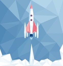 launch polygonal spaceship in polygonal sky, rocket start low poly illustration, business startup concept