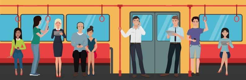 people using smartphone phones in subway train public transport