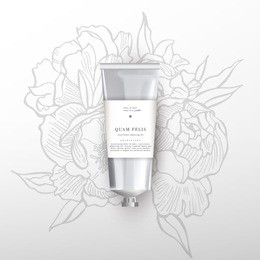 blank realistic tube for cosmetics, cream, ointment, toothpaste, lotion, medicine creme with design label, sticker. beauty cosmetic tube. flowers peonies background.
