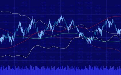 abstract finance chart with line graph, bar chart and stock numbers in sideways market on dark blue color background (vector)