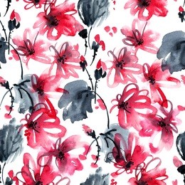 watercolor and ink illustration of red flowers, buds and leaves. seamless pattern.