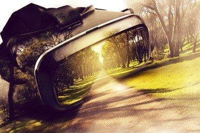 virtual reality glasses, with three-dimensional image leaving the viewer, google's conceptual idea 3d