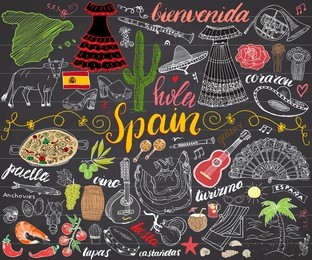 spain hand drawn sketch set vector illustration chalkboard.