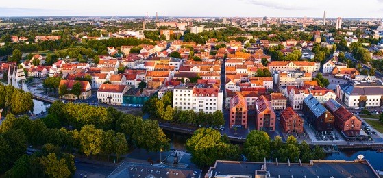 aerial view of the old town district. klaipeda city in the evening time. klaipeda, lithuania.