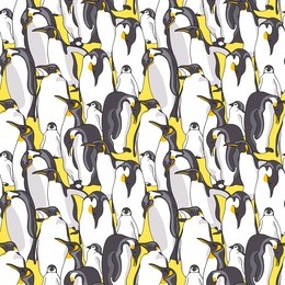 seamless pattern with image of a many emperor penguin on a yellow background. vector illustration.