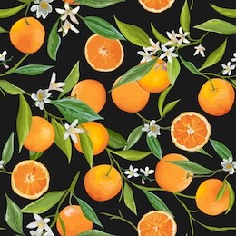 seamless floral pattern. orange fruits background. flowers, leaves. vector