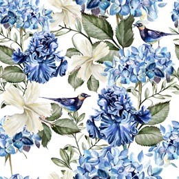 colorful watercolor pattern with flowers hydrangea , hibiscus , iris and bird . illustration