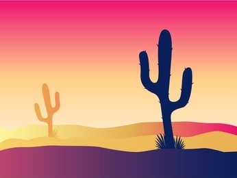 cactus desert sunset. scene with desert cactus plant and weeds. sunset in desert. vector illustration.