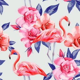 beautiful composition of rose and pink flamingos hand drawn watercolor. seamless floral vector pattern on pale light blue background. fashion wallpaper with flowers, leaves and bird