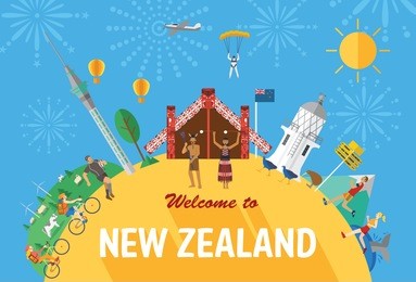 flat design, new zealand's landmarks and icons