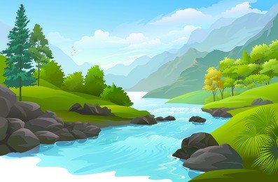 blue river flowing across green forest