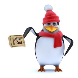 3d render of a cute penguin wearing a wool hat and scarf and holding a ticket of admission.