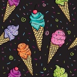 abstract seamless pattern for girls. girlish wallpaper on black background with hand drawing colorful ice cream. tender repeated childish backdrop for fashion clothes. chaotic original design.