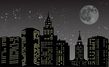 illustration with night city under star sky