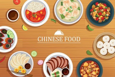 chinese food on a wooden background.vector chinese food top view.