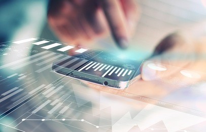 hand touch screen smart phone.digital technology concept,business graph interface on screen. 