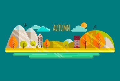 autumn. vector illustration, eps10. autumn park with yellow and orange trees, cute houses, sun, river. nature landscape, mountains.