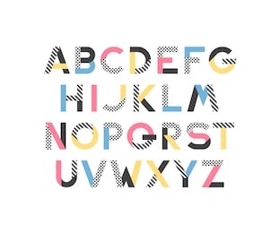 geometrical pattern and color blocks' latin font, pop art graphical decorative type. 