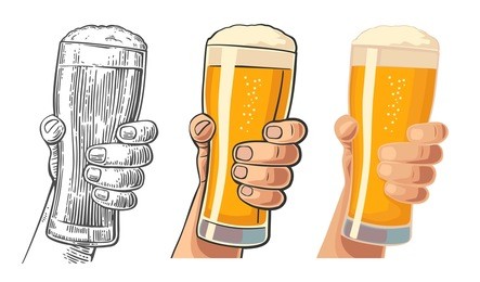 male hand holding a beer glass. drawing in three graphic styles. vintage vector engraving and flat illustration for web, poster, invitation to party oktoberfest festival and birthday.