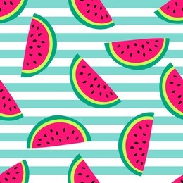 seamless vector pattern with bright watermelons on background with stripes. good for textile fabric design, wrapping paper and website wallpapers. vector illustration.