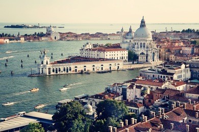 aerial view of the grand canal and basilica santa maria della salute, venice, italy. european summer vacation concept. vintage color post processed