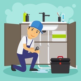 plumber and plumbing service vector illustration. water drain or sewage repair
