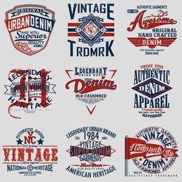 set of vintage typography, t-shirt graphics, apparel stamps, tee print design, emblems of denim goods, vector