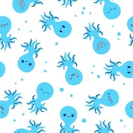 seamless vector pattern of cute blue octopus with different emotions on a white background. children's illustration. wrapping paper