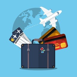 baggage ticket airplane credit card time travel vacations trip icon. colorful design. vector illustration
