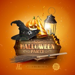 modern halloween party flyer with old sign,black lantern, old hat, pumpkin, and party hat on orange background.