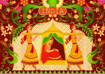 floral background with lady in palanquin showing incredible india in vector