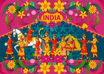 floral background with indian wedding baraat showing incredible india in vector