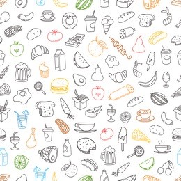 different color food doodles seamless background. lineart hand-drawn elements 