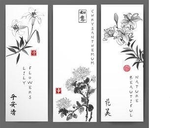 banners with chrysanthemum and lily hand drawn with ink. oriental ink painting sumi-e, u-sin, go-hua. contains hieroglyphs - peace, tranquility, clarity, happiness, beauty, flower, dreams come true.
