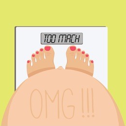 vector illustration of a pregnant woman is a top view. picture showing how pregnant sees herself standing on the scales. overweight is a problem.