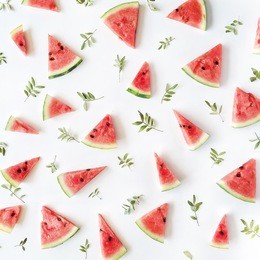 watermelon pieces pattern on white background. flat lay, top view