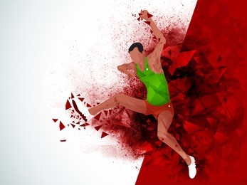 creative illustration of jumping man athlete on abstract red background, poster, banner or flyer for sports concept.