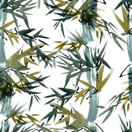 watercolor and ink bamboo leaves pattern in style sumi-e, u-sin. oriental traditional painting. seamless pattern.