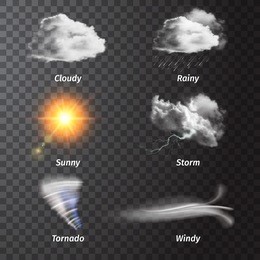 realistic set weather icon set with cloudy sunny storm rainy windy descriptions vector illustration