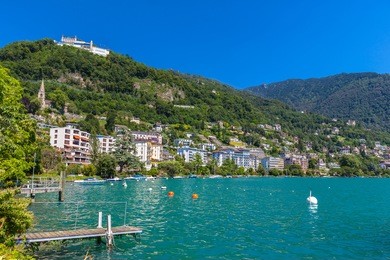 beautiful view of  geneva lake from montreux city on a sunny summer day, canton of vaud, switzerland