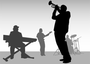 vector drawing music jazz orchestra. people with musical instruments