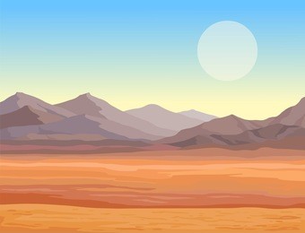 animation landscape of the desert. the lifeless heated sand, mountains. vector illustration, the place for the text.