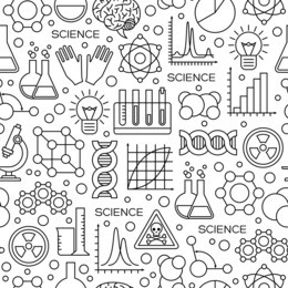 seamless pattern with science line icons in modern style. vector illustration. scientific research background with chemical experiment tools. 